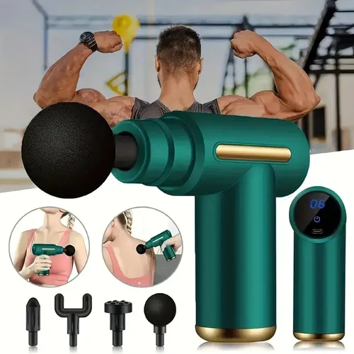 Pistola De Masaje Eléctrico Muscular Masajeador 4 Cabezales Verde - Imagen 2