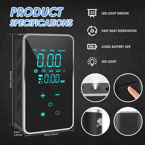 Mini Compresor Tactil De Aire Inflador Eléctrico Portatil Negro Monofásica - Imagen 2
