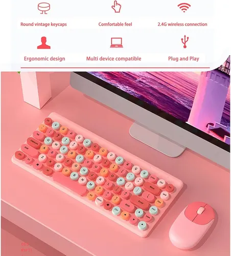 Kit De Teclado + Mouse Inalámbrico Premium Tipo Logitech Rosa Rosa Chicle - Imagen 4